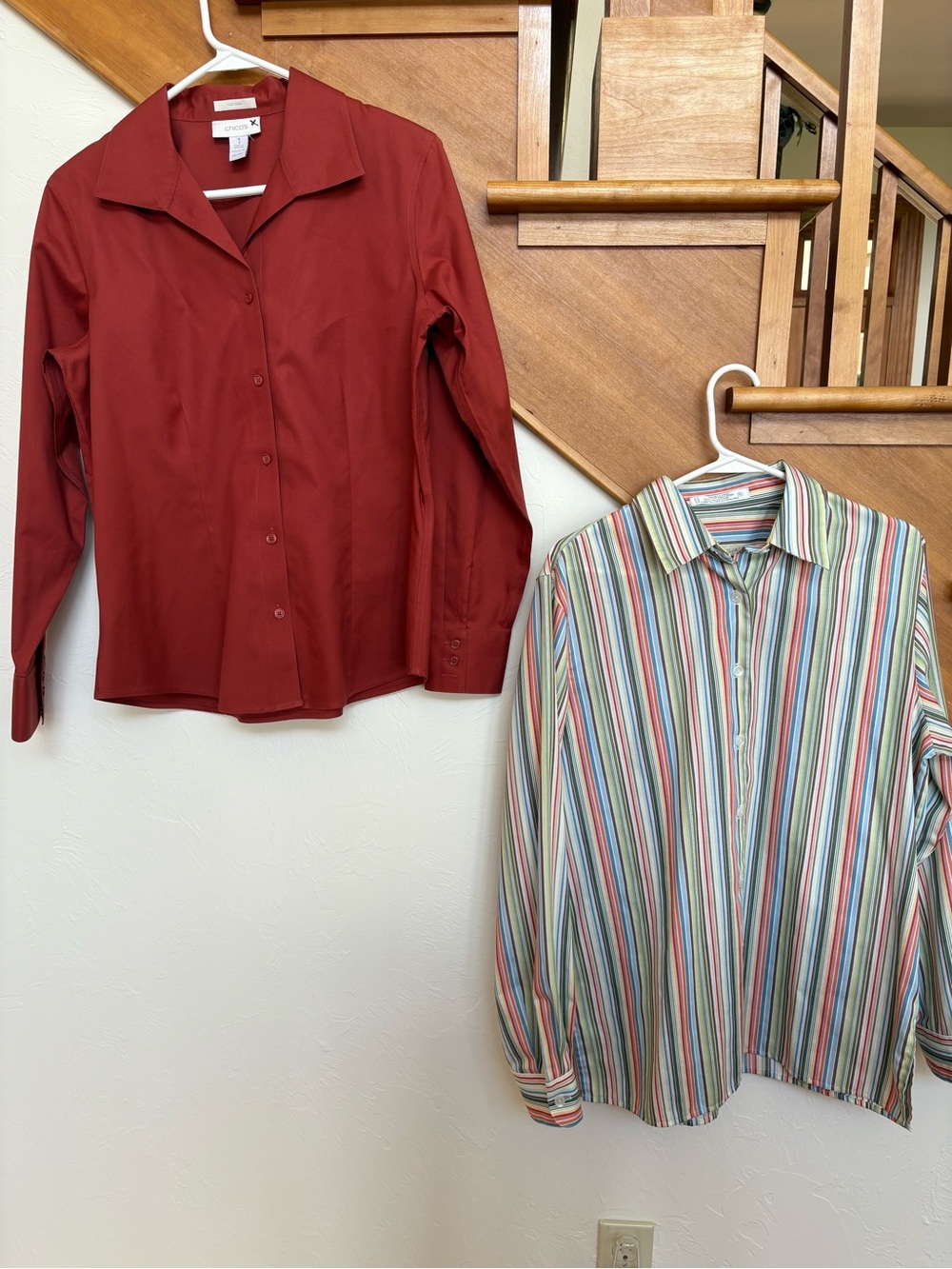 Two beautiful Women's Button-Down Shirts Deep Rust Chico’s and Colorful Foxcroft